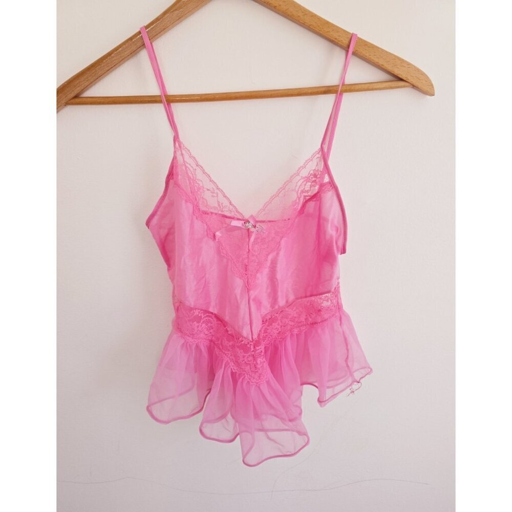 Chic Lingerie CO Vintage Pink Sheer Lace Pin Up Nylon Cami Teddy USA Size Small
